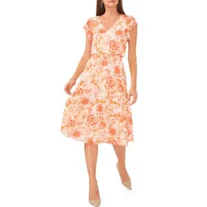Vince Camuto Women's Cap Sleeve V-Neck Floral Dress, Orange, Small